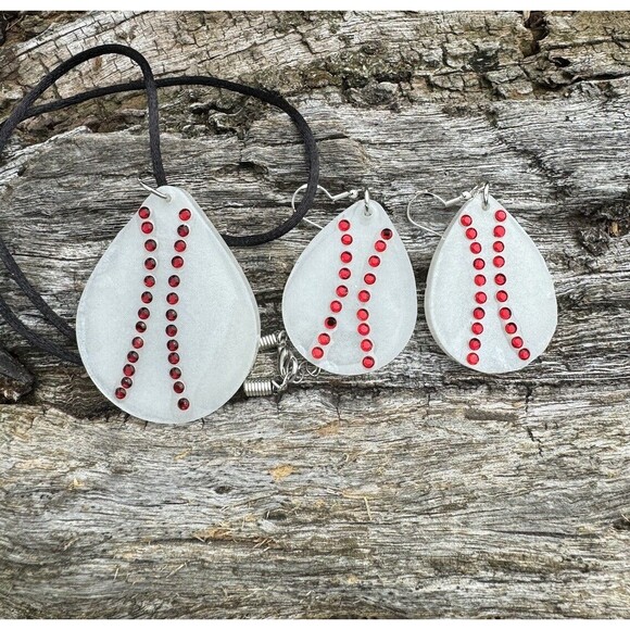 Cute Baseball Epoxy And Rhinestone Necklace  With Matching Earrings Jewelry Set - Picture 3 of 9